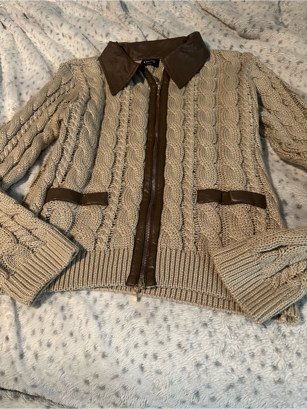 Fate Cable-Knit Zip Front Jacket with Leather Trim - Beige